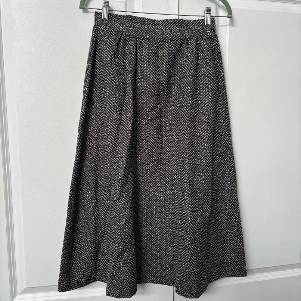 Vintage St Michaels M&S A-line Skirt Womens Gray Herringbone Midi Flare Retro